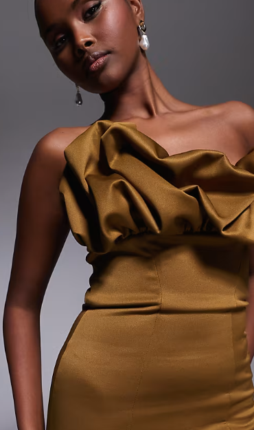 ASOS DESIGN bandeau structured midi dress with ruffle bodice detail in olive