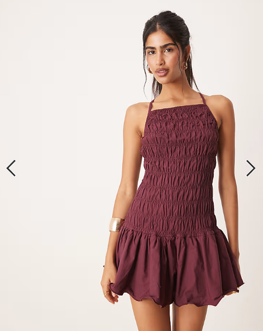 ASOS DESIGN shirred bodice racer drop waist mini dress in plum