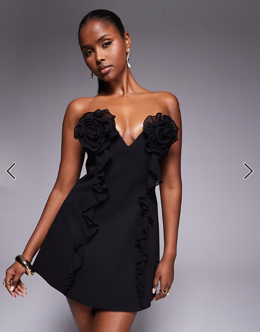Murci exclusive bandeau plunge neck corsage detail mini dress in black