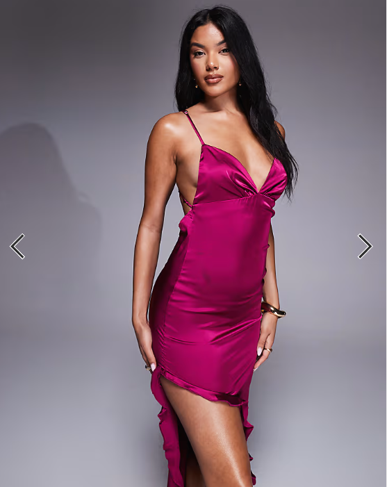 Missyempire satin cami open tie back ruffle side split maxi dress in dark pink