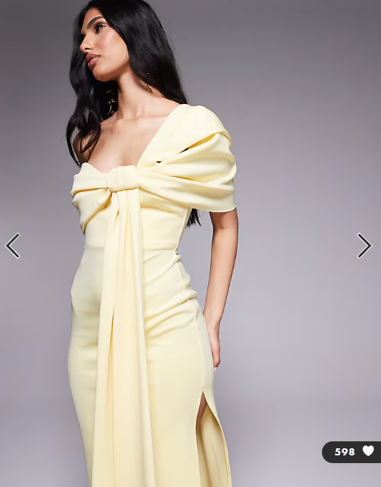 ASOS DESIGN off shoulder bow detail midi dress in yellow in scuba-style fabric