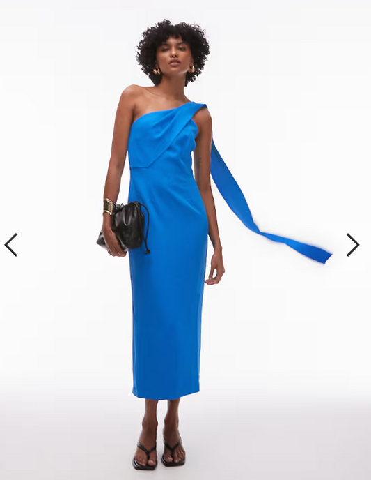 Mango one shoulder draped dress in cerulean blue