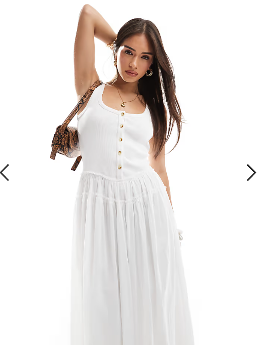 ASOS Design scoop button ribbed bodice with poplin skirt maxi in white