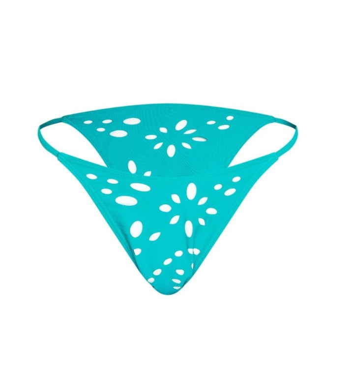 Teal Broderie Contrast Tanga Bikini Bottoms