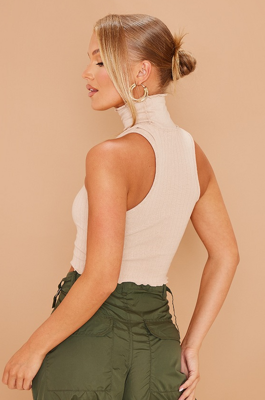 Stone Wide Rib Lettuce Hem High Neck Top