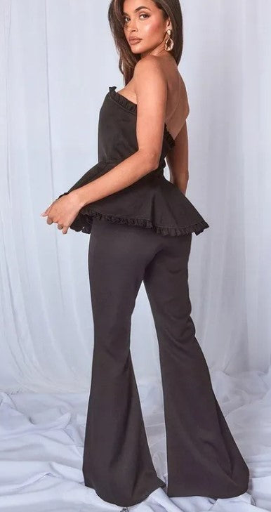 Black Woven Frill Peplum Flared Jumpsuit