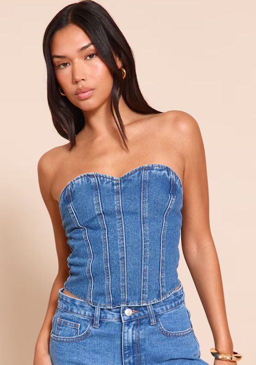 Mid Blue Wash Seam Detail Denim Corset Top