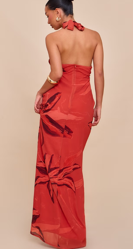 Plt - Rust Printed Plunge Tie Detail Maxi Dress