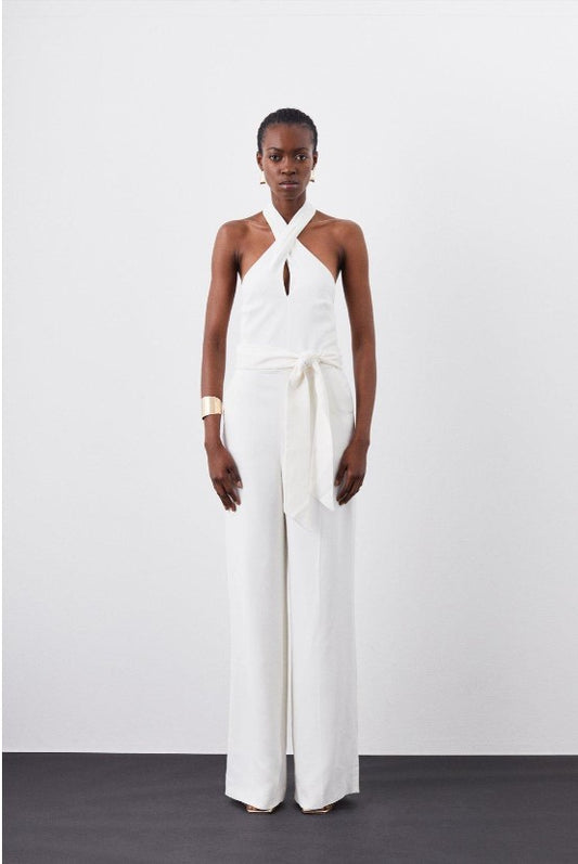 Ivory Compact Viscose Stretch Drape Tailored Jumpsuit