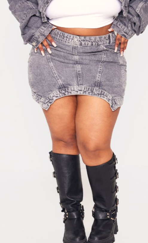 Plus Grey Washed Curved Hem Denim Mini Skirt