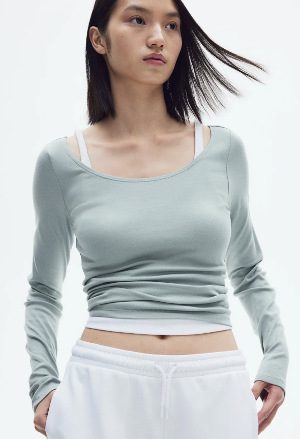 H&M - BOAT-NECK COTTON TOP - Lt Sage