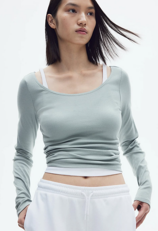 H&M - BOAT-NECK COTTON TOP - Lt Sage