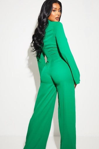 Bright Green Collar Detail Knotted Wide Leg Jumpsuit