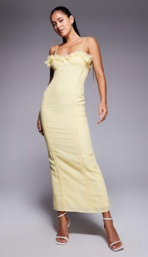 ASOS 3D Floral Bust Corset Linen Look Midi Dress in Yellow