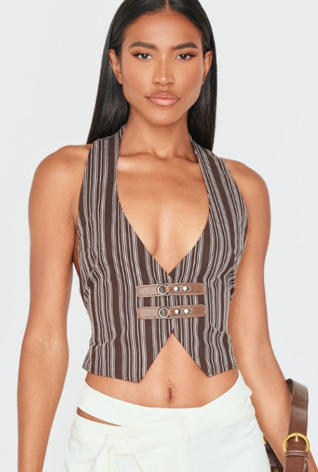 Brown Premium Woven Striped Buckle Plunge Waistcoat