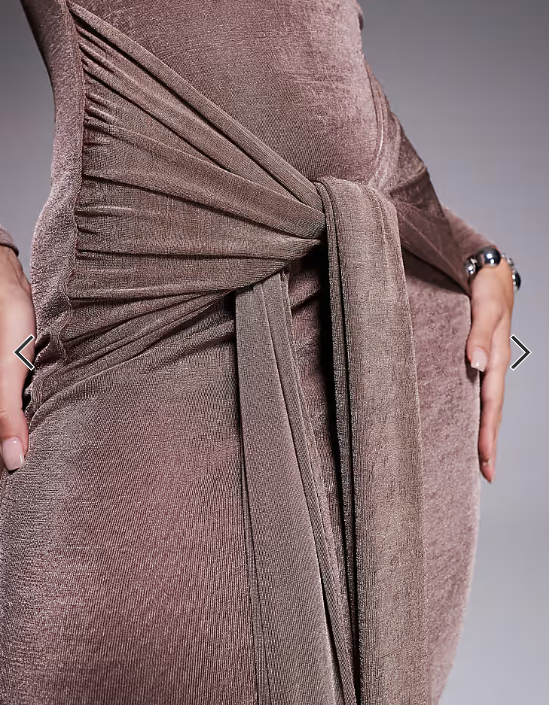 Aria Cove slinky high neck knot drape front maxi dress in mocha