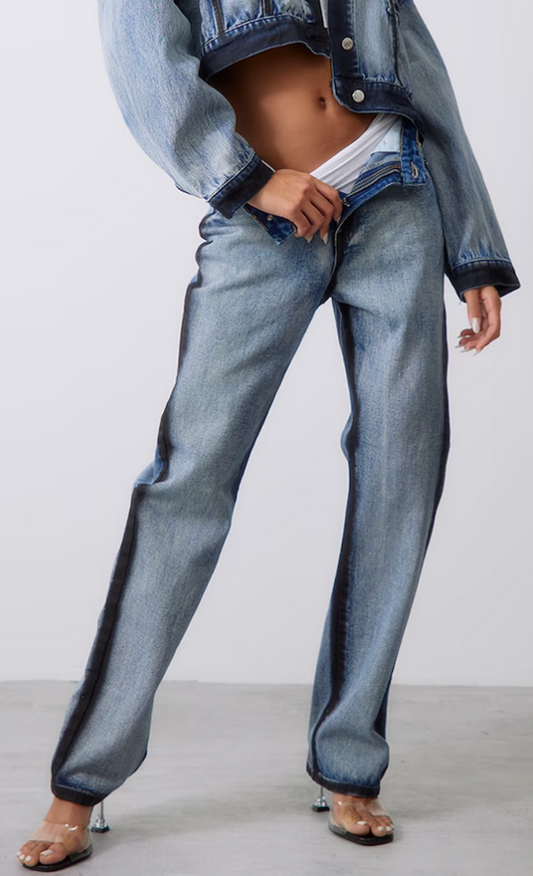 Indigo Blue Wash Contrast Edge Washed Down Straight Leg Denim Jeans