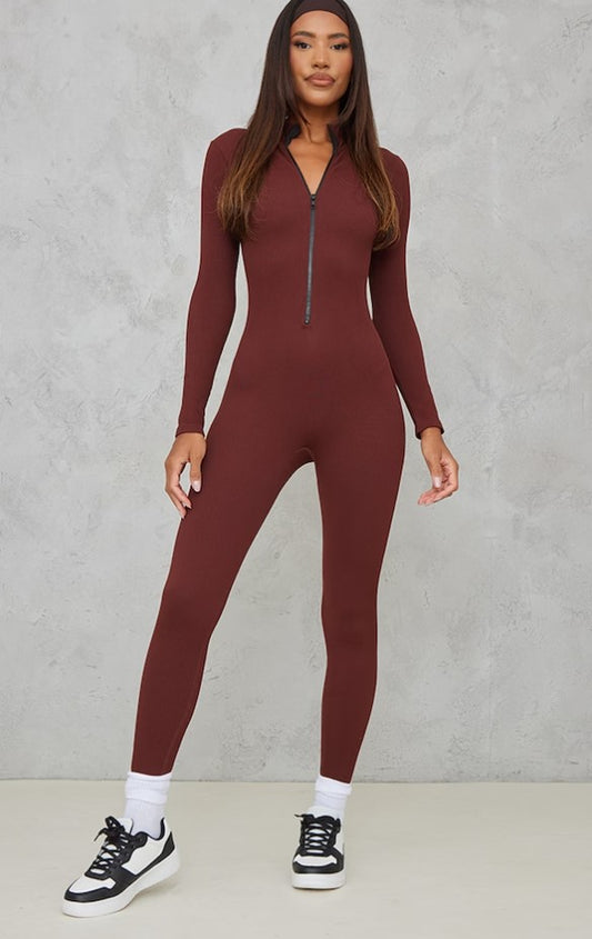 Chocolate Structured Contour Rib Zip Jumpsuit