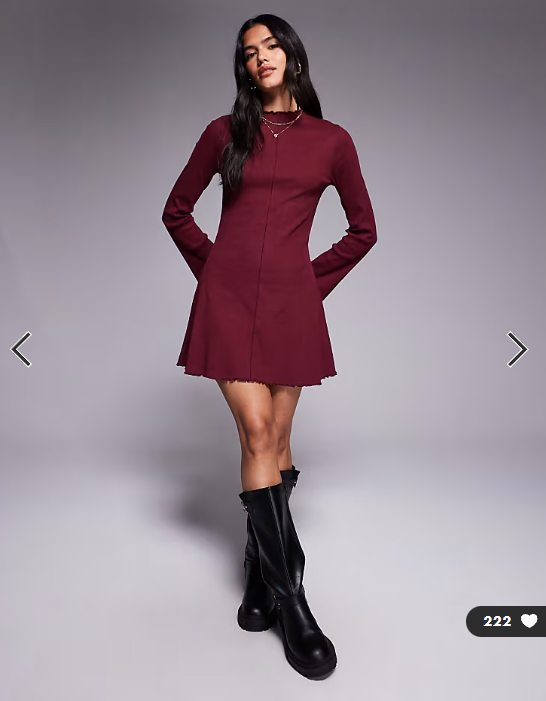 ASOS DESIGN ribbed long sleeve lettuce hem mini dress in burgundy
