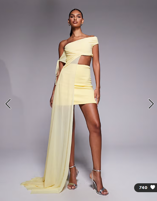 ASOS DESIGN off shoulder cut out mini dress with mesh drape in yellow