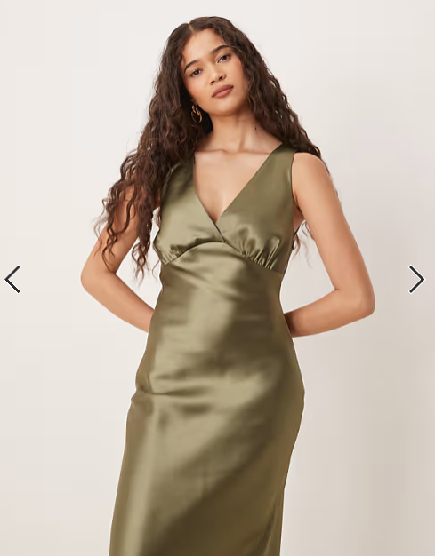 Gina Tricot satin v neck shape maxi dress in khaki