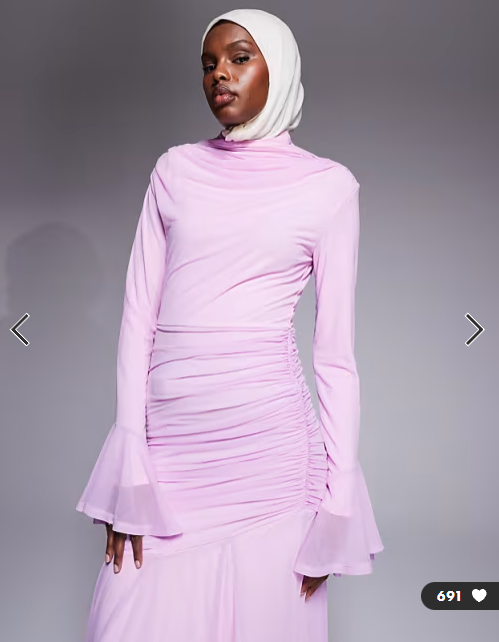 ASOS DESIGN stretch chiffon ruched draped waist maxi dress with fluted sleeve in baby pink