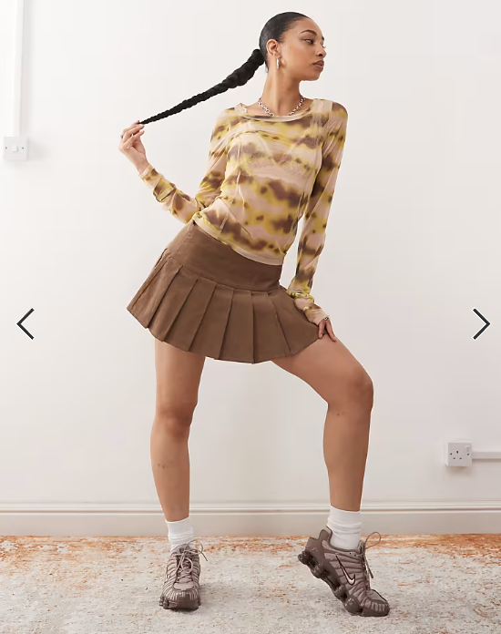 Monki mesh semi sheer long sleeve top in beige and yellow print