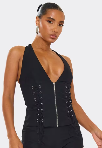 Ego - Plunge Halterneck Lace Up Zip Front Detail Top In Black
