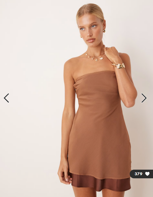 ASOS DESIGN double layer with contrast satin hem bandeau mini dress in brown