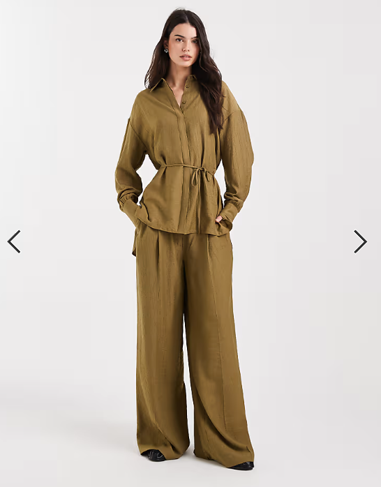 ASOS DESIGN wrap front double tie mensy shirt co-ord in olive