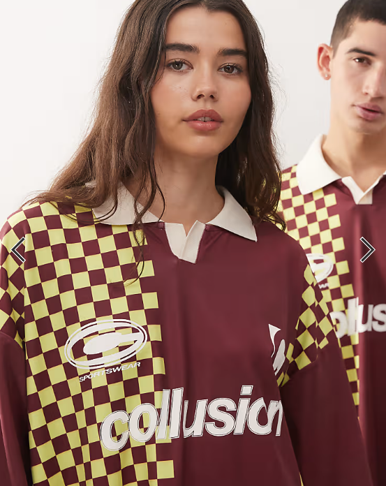COLLUSION Unisex long sleeve checkerboard soccer t-shirt in burgundy