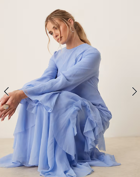 ASOS DESIGN fluted long sleeve extreme ruffle maxi dress in blue
