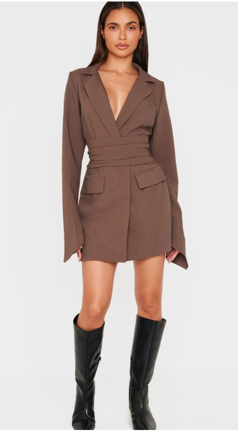 Chocolate Woven Wrap Belted Blazer Dress