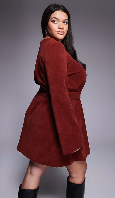 ASOS DESIGN Curve fluted sleeve tie waist corduroy mini dress in burgundy