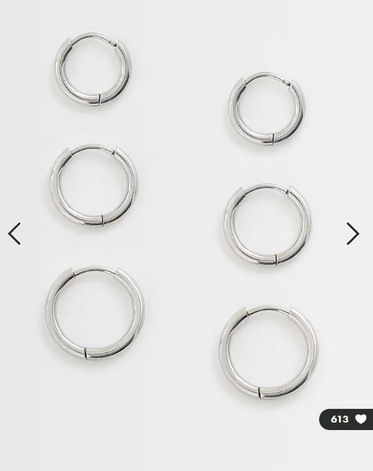 ASOS DESIGN waterproof stainless steel pack of 3 hoops in graduating size in silver tone