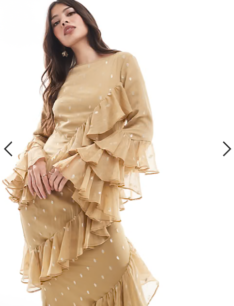 ASOS DESIGN tiered sleeve maxi dress with ruffles in gold dobby