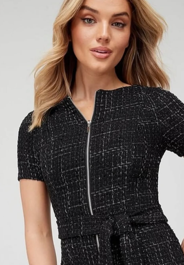 V By Very - Tweed Zip Belted Dress