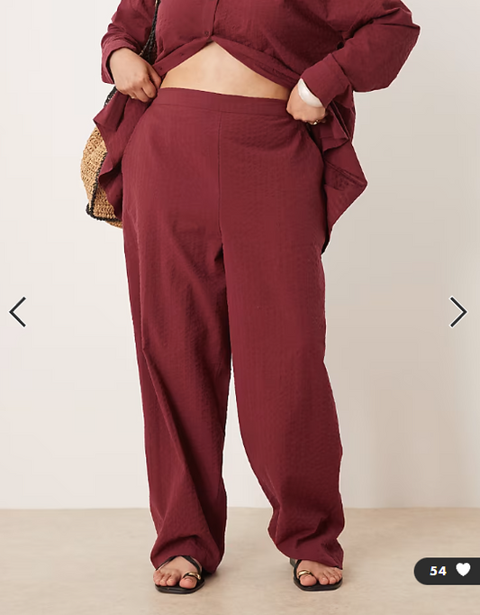 ASOS DESIGN Curve seersucker relaxed pull on trousers co-ord in burgundy