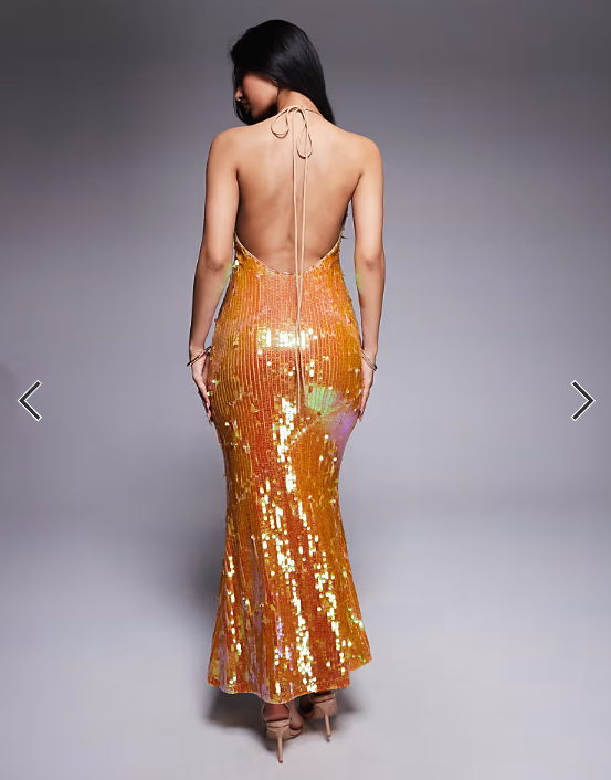 ASOS DESIGN iridescent sequin high neck maxi dress with open back in bronze