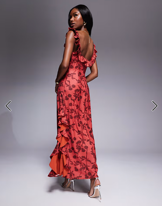 Rare London ruffle tie front side slit maxi dress in red floral