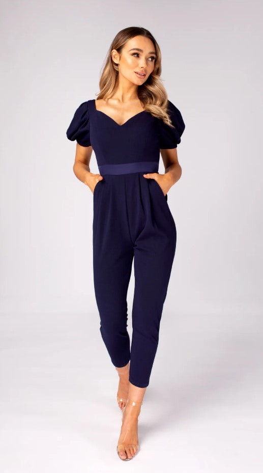 Skirt & Stiletto - NAVY JUMPSUIT WITH PUFF SLEEVE AND BACK TIE.