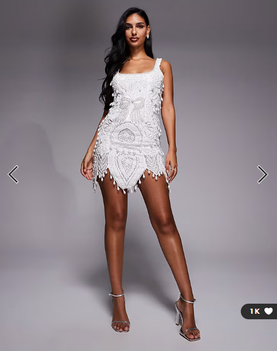 ASOS LUXE gem encrusted mini dress with pearl embellishment & scallop hem in white