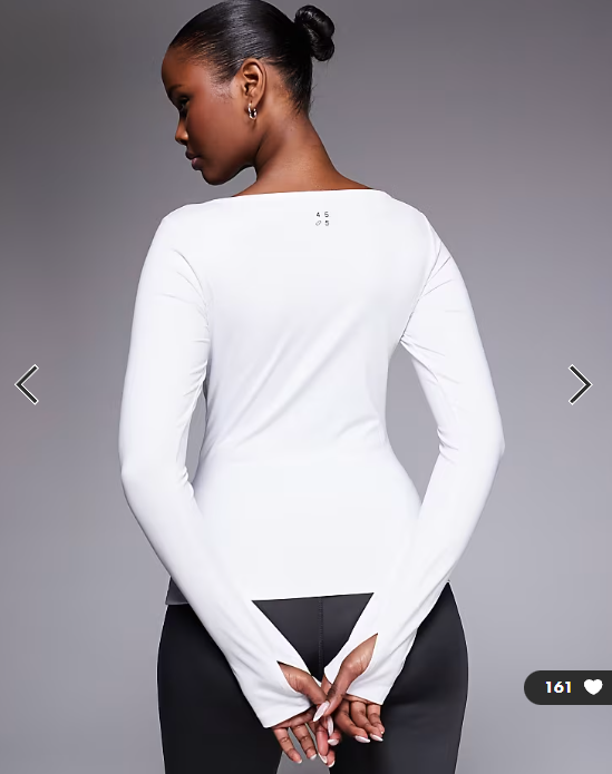 4505 active boat neck long sleeve top with thumbhole in white