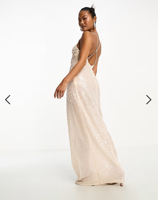 4th & Reckless Petite exclusive sequin square neck low cross back maxi dress in cream