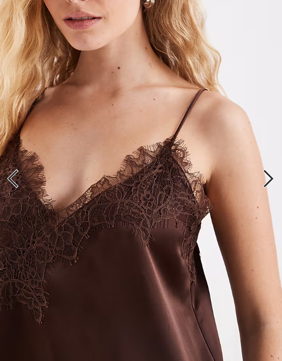 Vero Moda asymmetric lace trim satin cami top in brown