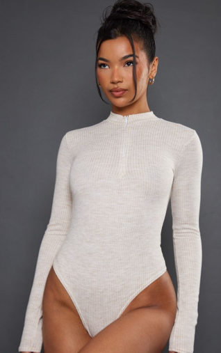 Beige Wide Two Tone Rib Half Zip Bodysuit