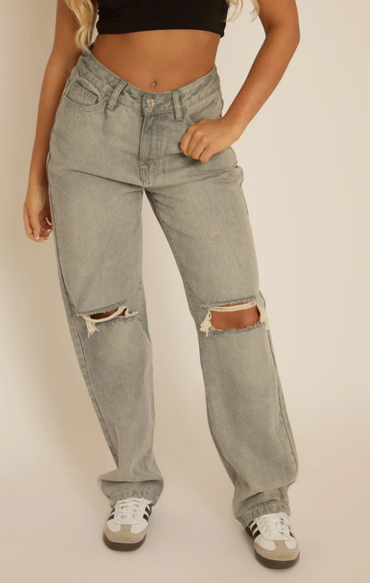 Rebellious - Grey Denim Distressed Knee Extra Long Jeans - Ivelisse