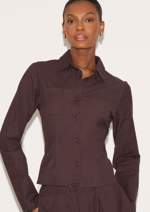 Chocolate Linen Look Button Up Fitted Shirt