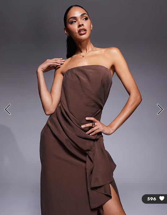ASOS DESIGN bandeau midi dress with side pleat detail in chocolate
