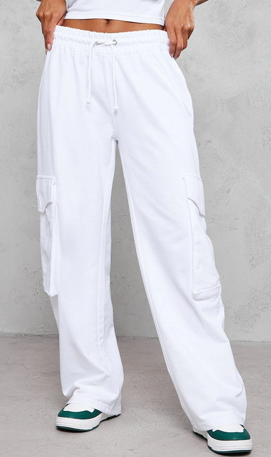 White Pocket Detail Low Rise Wide Leg Sweatpants